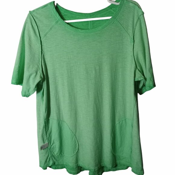 Lori Goldstein LOGO Womens Green Short Sleeve Top L Pockets Distressed Elbow - Picture 7 of 15